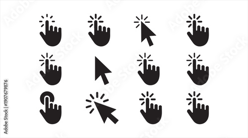 Black tap click and press hand symbols set for user interface and UX design