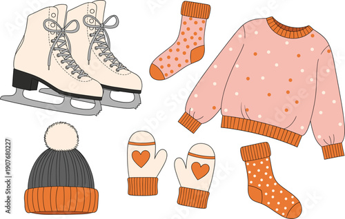 Cozy winter clothing accessories vector set with sweater hat mittens socks and ice skates isolated on white background for cold season designs