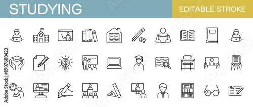 勉強に関するアイコンセット 　学校・教育・学習など（線幅変更可能）