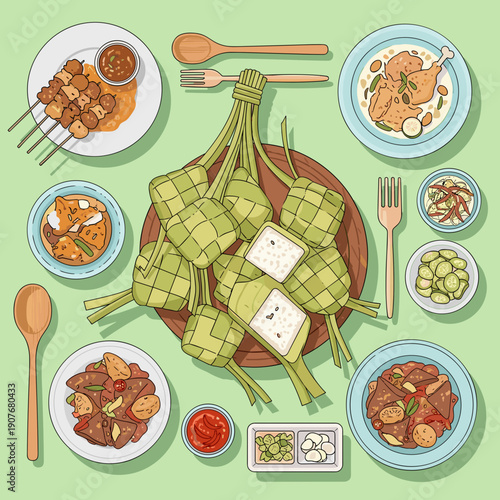 Top view table spread of traditional eid food and condiments