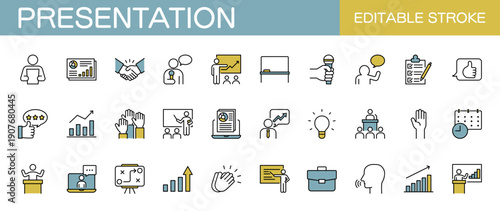 ビジネス・プレゼンテーションに関するアイコンセット（線幅変更可能・カラー）