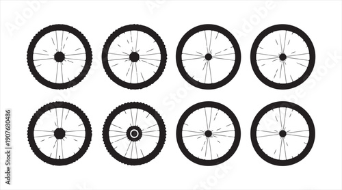 Black cycling wheel symbols set for transport, mobility, and bike design