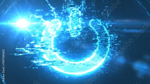 Digital power button symbol glows brightly on a dark screen, indicating