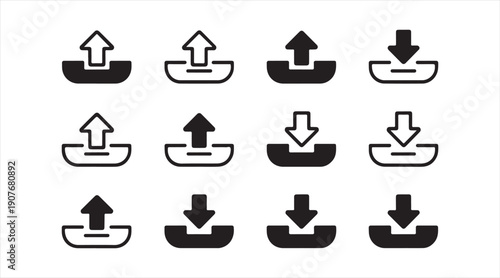 Black import and export arrow symbols set for user interface and software design