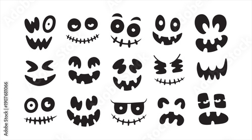 Black scary face symbols set for horror, Halloween, and spooky design themes