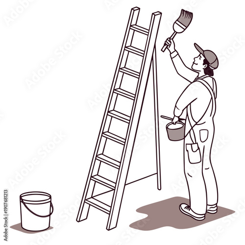 Humorous painter focuses on painting a ladder instead of the wall, creative concept vector illustration.