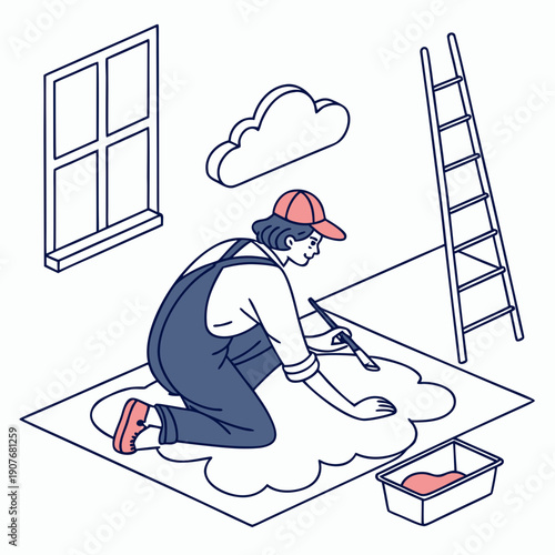 Modern vector illustration of an artist painting clouds onto the floor, symbolizing creative expansion and indoor artistry.