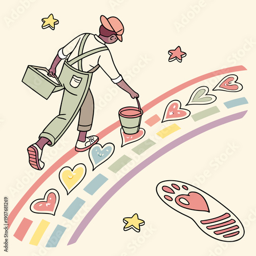 Whimsical vector art depicting a painter creating footprints across a floor, representing journeys and artistic expression.