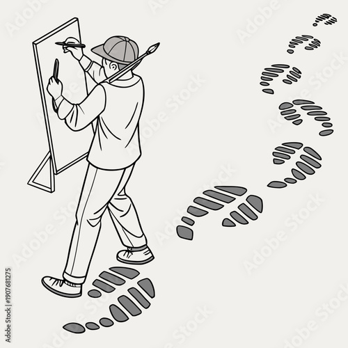 Minimalist vector art: a painter creates footprints instead of people, representing abstract ideas and artistic replacement.