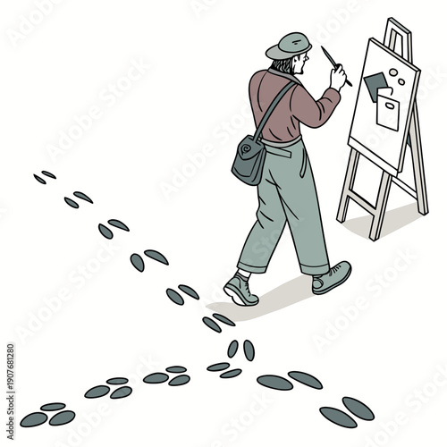 Clean vector illustration of a painter making footprints instead of people, symbolizing alternative expression and artistic presence.