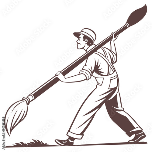 Surreal flat vector art of a painter using a brush larger than himself, exploring the concept of artistic scale and creative expression.