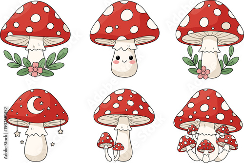 Cute red mushroom characters vector set with spotted caps flowers moon and fairy tale forest elements isolated on white background