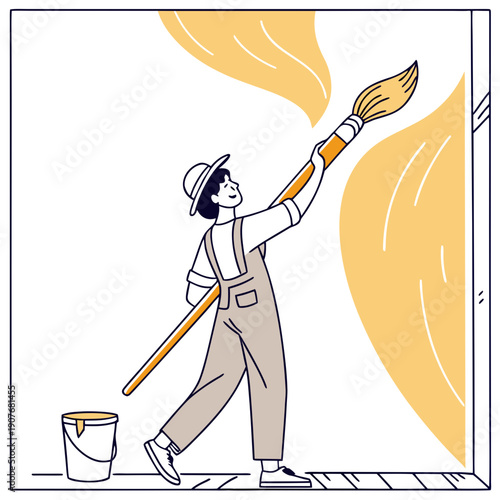Creative vector illustration of a painter wielding a brush disproportionately large to himself, representing grand artistic vision and ambition.