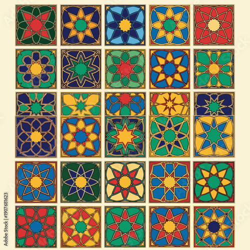 Grid set of colorful islamic geometric tile patterns
