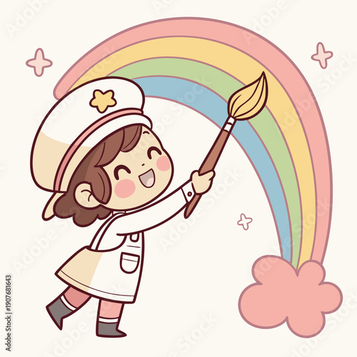 Cute vector illustration of a painter whose own brush is painting by itself, representing self-expression and the autonomous nature of art.