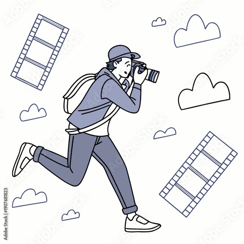 Energetic vector illustration: Photographer chasing flying film negatives, symbolizing a passion for analog photography and capturing the past.