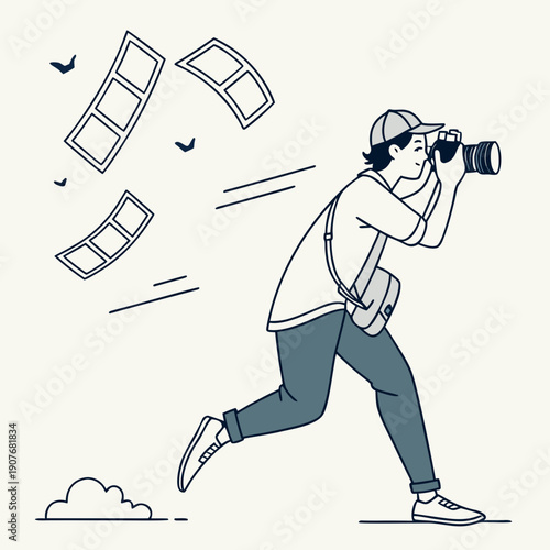 Clean vector graphic of a photographer pursuing floating film negatives, representing the enduring appeal of traditional photographic media.