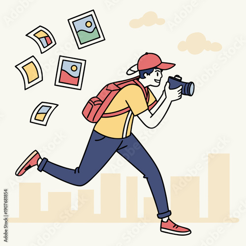 Clean vector illustration showing a photographer running after flying photographs, representing the chase for perfect shots and capturing moments.