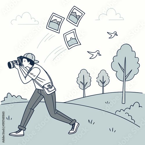 Dynamic vector art: A photographer enthusiastically chasing flying photographs, symbolizing the pursuit of inspiration and creative ideas.