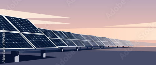 Solar Panels Farm at Sunset Clean Energy Concept Illustration