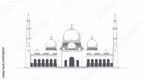Detailed architectural illustration of a mosque with multiple domes and minarets, showcasing intricate design and Islamic architecture, presented in a clean and simple vector graphic style.