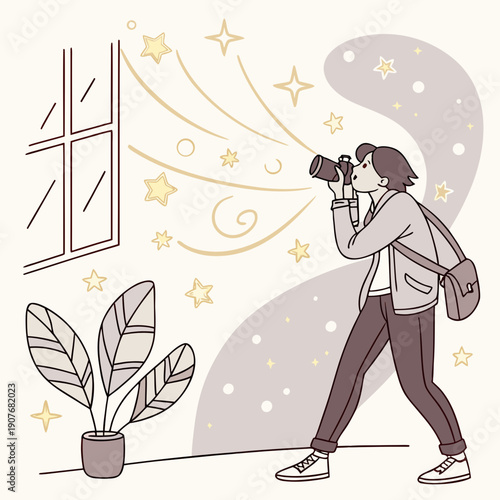 Photographer capturing floating dust particles indoors with studio lighting, abstract photography, creative inspiration.