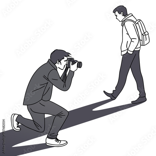 Photographer capturing own shadow seriously, artistic concept, introspection, creative photographic exploration.
