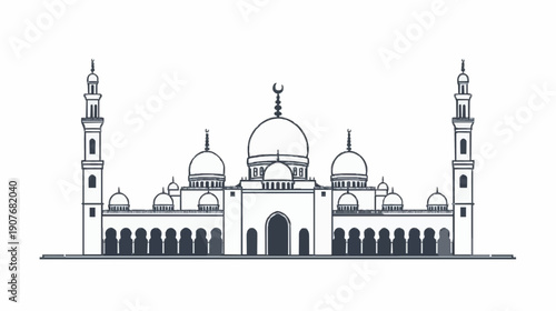 A minimalist flat vector illustration of a majestic masjid front view with high contrast, showcasing clean lines and high detail, in a professional, editable design.