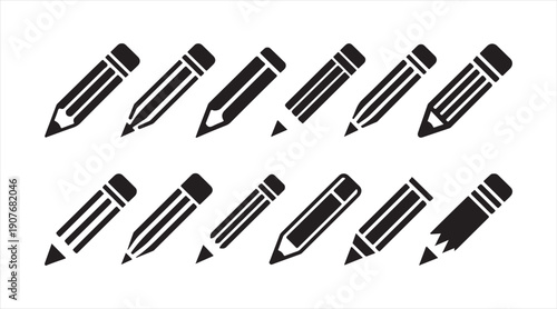Black pencil symbol set representing drawing, sketching, and design tools