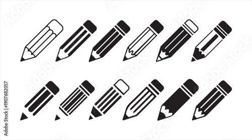 Pencil writing and editing icon collection in clean monochrome outline style
