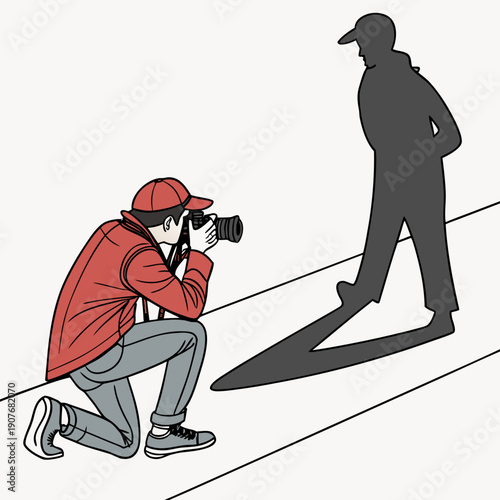 Photographer photographing own shadow seriously, conceptual self-portrait, creative exploration, light and shadow play.