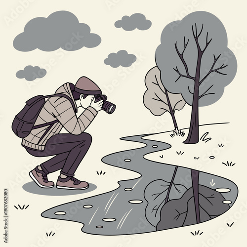 Photographer photographing reflections in a puddle, urban setting, moody atmosphere, creative outdoor shot.