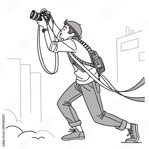 Photographer tangled in camera straps, mid-shoot struggle, funny creative process, equipment chaos.