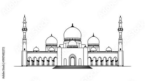 A serene illustration of a majestic masjid with intricate architecture and multiple domes, showcasing its grandeur from a frontal viewpoint, symbolizing spirituality and community.