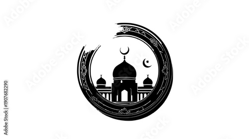 A serene mosque silhouette surrounded by a crescent moon and decorative elements within a circular frame, symbolizing peace and spirituality in a simple, monochromatic illustration.