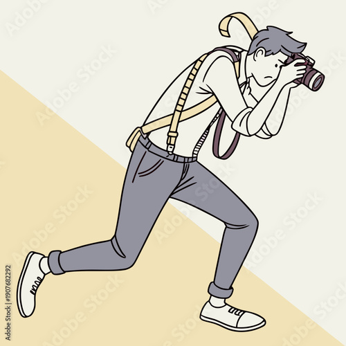 Photographer tangled in camera straps mid-shoot, creative struggle, funny equipment moment, behind the scenes.