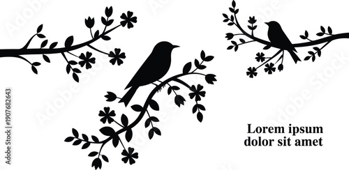 PrintBird silhouettes on flowering tree branches set, black spring botanical garden nature vector illustrations isolated on white background. (exactly 18 words)
