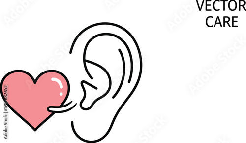 Simple black line art illustration depicts a pink heart shape positioned next to a human ear symbolizing deep listening, care, or auditory empathy concepts.
