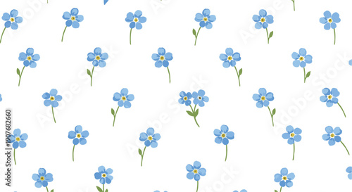 Blue forget me not flower seamless pattern vector with delicate spring blossoms isolated on white background for textile and wallpaper designs