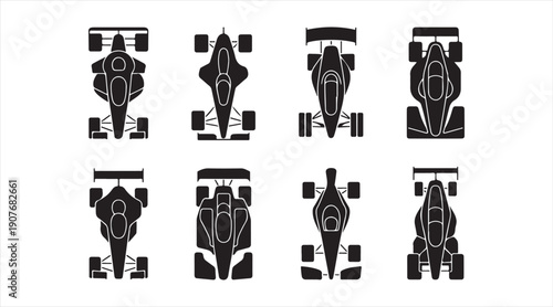 Black motorsport and space vehicle symbols set in clean flat design