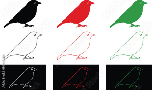 Bird Icon Set with Solid Silhouettes and Line Art Outlines in Red Green and Black Colors