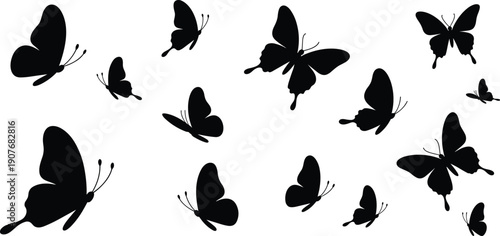 PrinButterfly silhouettes set, black flying insects in various wing positions, spring nature vector illustrations isolated on white background.t