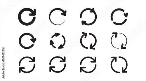 Black rotation and sync symbol set for user interface and system actions