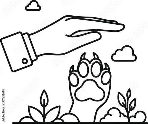 Minimalist outline icon depicting human protection over a wild animal's paw print symbolizing conservation efforts and nature guardianship against environmental threats
