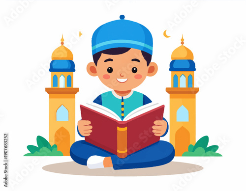A joyful young Muslim boy, dressed in traditional attire, reverently studying the holy Quran while sitting peacefully with mosque minarets in the background