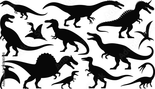 Dinosaur silhouettes, prehistoric animals, fossil icons, Jurassic vector, ancient reptiles, wildlife design, black art, educational illustration, extinct species