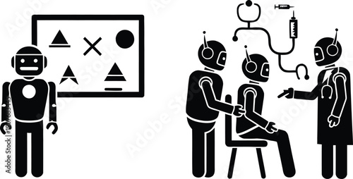 Artificial intelligence robot and futuristic technology icons showing digital teaching and robotic medical healthcare surgery concepts.