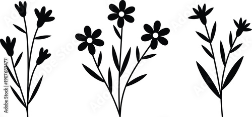 PrintvFlower stem silhouettes, botanical illustration, plant vector, blossom shapes, nature design, black art, decorative icon, garden graphic, foliage