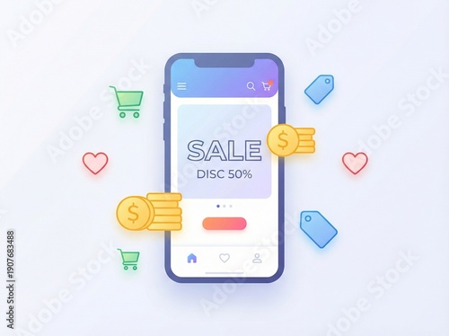 Mobile E-Commerce Sale App Illustration with Discount Offer, Online Shopping, Digital Marketing Concept