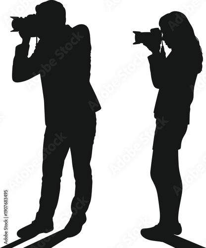 Black silhouette of a male and female photographer standing and taking photos with professional dslr cameras on a white background